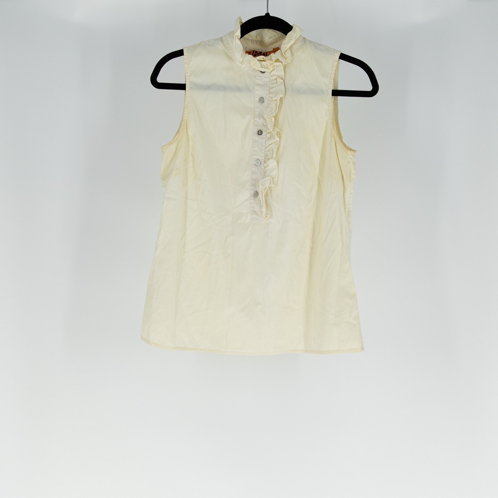 Tory Burch Cotton Poplin Stretch Sleeveless Ruffle Collar Logo Button Blouse 4